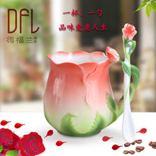 Load image into Gallery viewer, 3D Rose Enamel Coffee Cup Mug Ceramic Copo Bone China Drinkware With Spoon Tea Milk Set Friend Gift
