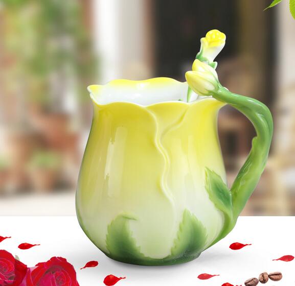 3D Rose Enamel Coffee Cup Mug Ceramic Copo Bone China Drinkware With Spoon Tea Milk Set Friend Gift